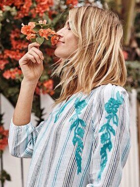 J. Jill Women's Love Linen Floral Embroidered V-Neck 3/4 Sleeves Tunic Top ~ XL